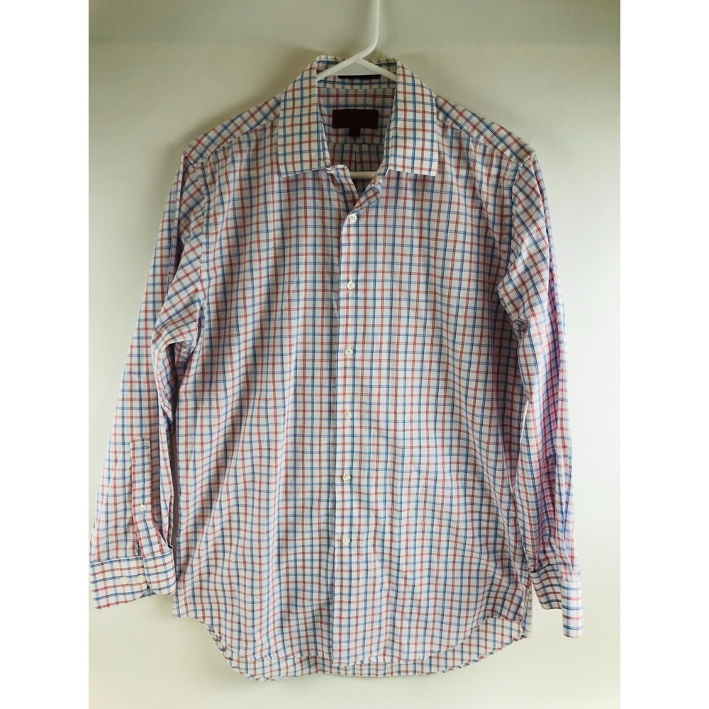 Bergamo Shirt Men's Size 15-15.5 32/33 White Blue Red Check Button Up Long Slv